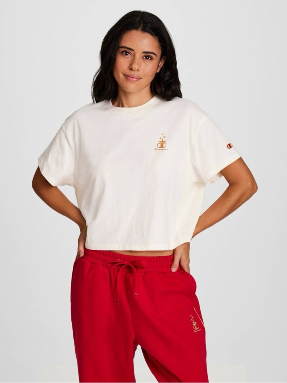 Champion Cream Cropped Tee with Gold Logo‎